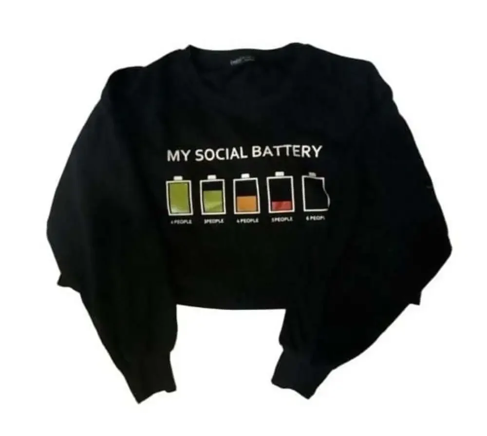 SHEIN My Social Battery Graphic Print Black Sweatshirt